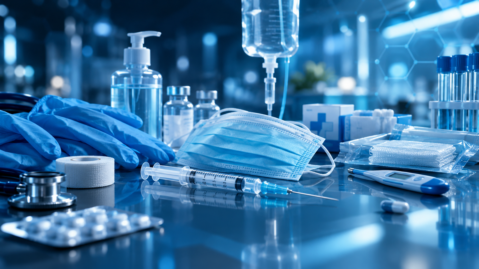 Healthcare essentials including masks, gloves, syringes and medical supplies